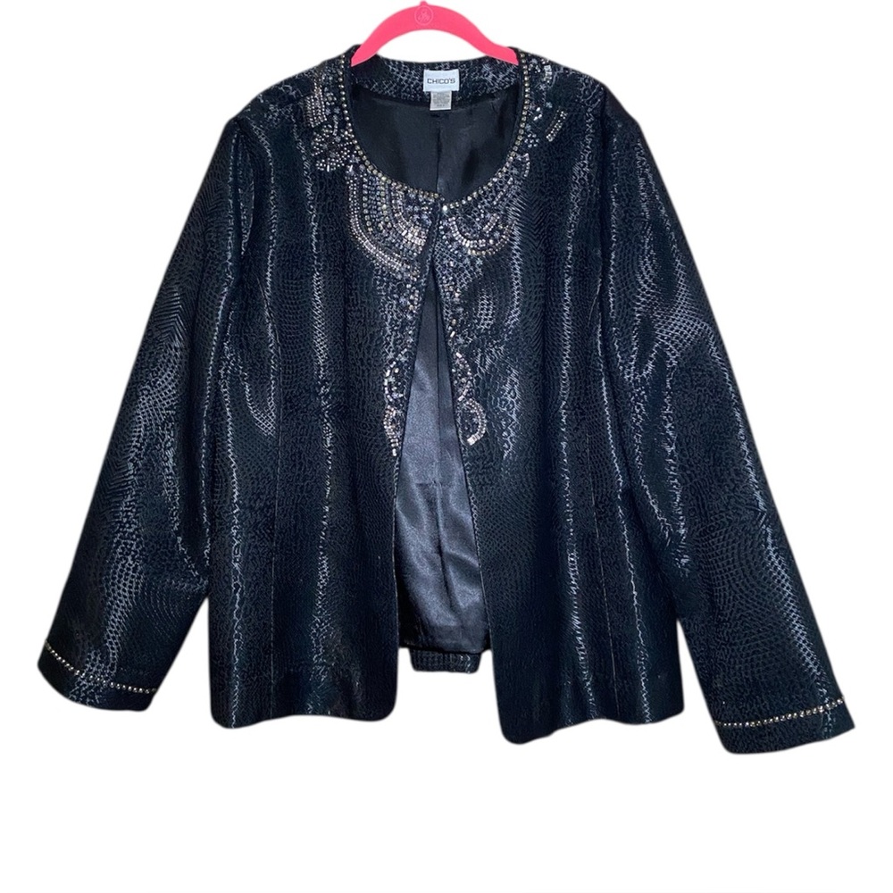Chicos Snake Skin Open Front Statement Jacket Sz 3 XL 16 Beaded Glam Maximalism